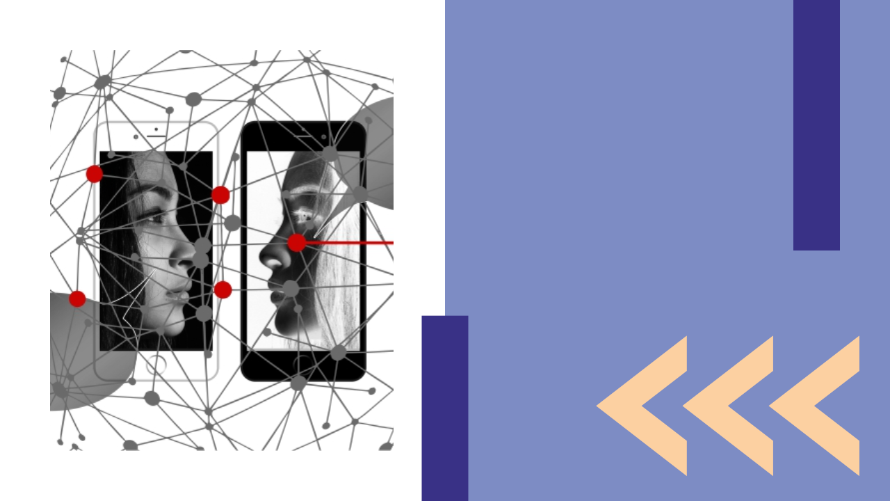 Kolorowa grafika składająca się z dwóch elementów. Po lewej stronie widać grafikę z dwoma smartfonami powiązanymi nićmi połączeń. Na ekranach telefonów widać twarze - kobiety i mężczyzny, odwrócone do siebie. Po prawej prostokąt niebieski z trzema ostrymi nawiasami otwierającymi.