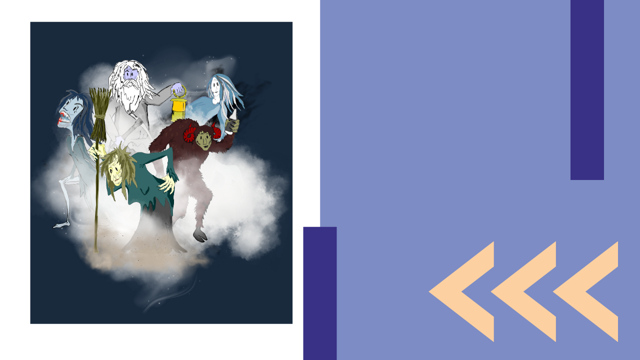 kolorowa grafika podzielona na dwa elementy. Po lewej stronie jest obrazek przedstawiający kilka beboków przypominających nieco wiedźmy, zaprezentowanych na chmurze. Po prawej prostokąt niebieski z trzema ostrymi nawiasami otwierającymi
